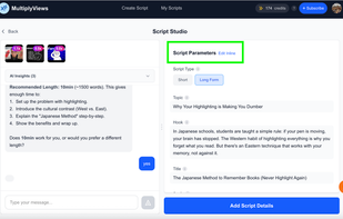 Chat with AI and finalise Title / topic / Angle / Hook / length