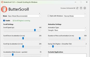 ButterScroll settings panel where users can adjust scroll speed, duration, acceleration, and easing for a personalized smooth scrolling experience.