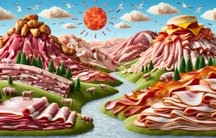 A vast landscape made entirely of various meats spreads out before the viewer.  tender, succulent hills of roast beef, chicken drumstick trees, bacon rivers, and ham boulders create a surreal, yet appetizing scene. the sky is adorned with pepperoni sun and salami clouds.