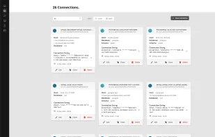 The connections interface showing multiple MySQL and PostgreSQL database connections across different environments including AWS, Azure, and local instances. Users can view connection details, edit configurations, and add new connections.