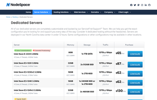NodeSpace Hosting Dedicated Server Page
