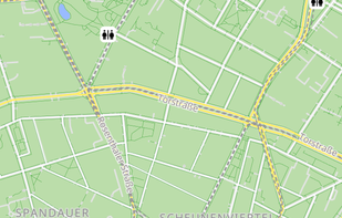 Toilet locations and current user location in Berlin, on mobile.