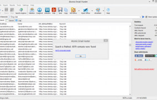 The main program interface is presented as a search field and search log with extracted results.