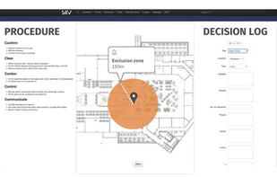 Major incident management screen showing procedures, schematics with exclusion zone and, decision log