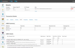 FusionReactor Database Monitoring screenshot for Java applications, including MongoDB, SQL, MySQL etc. : FusionReactor analyzes and captures all the data related to your SQL statements so you can focus on improving performance and reducing bottlenecks. See right down to which SQL statements were run, number of rows returned, time spent on the query etc.