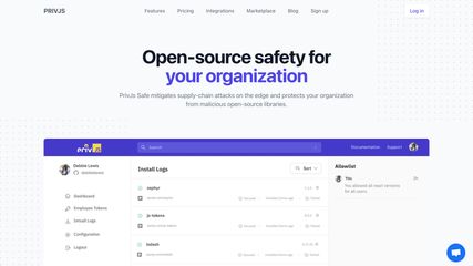 PrivJs Safe homepage. Block the installation of vulnerable npm packages and provides developer tools to detect vulnerabilities in the proejct.