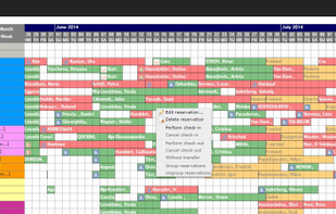 Interactive reservations calendar with drag-and-drop capabilities and color coding.