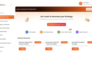 The campaign generator hub lets you start building a strategy in minutes. From here, you can create campaign strategies with one click, access tools like the Email Validator, Subject Line Generator, and Domain Health Checker, and revisit recently generated campaigns to stay organized.