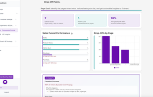 Shows where shoppers exit across the funnel (visits ? product views ? add to cart ? checkout ? purchase), highlights the highest-loss pages, and recommends the next priority fix.
