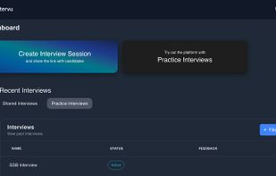 Dashboard for the user, with options to create shared interview links, which can be shared among multiple candidates to conduct interviews, Also all the interview session can be monitored from here, along with interview status, candidates reports , and much more