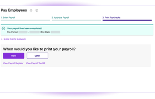 Step 3 of Patriot's 3-step payroll process (Print Paychecks).