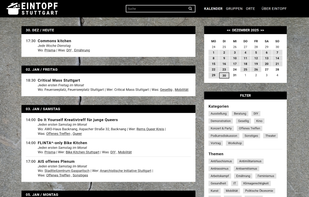 Calendar view for LAUTI with the upcoming events, topics and categories for filtering.