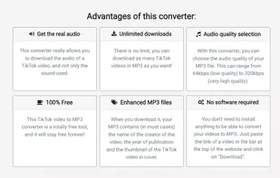 Screenshot n°1 of the homepage of tiktok-download-mp3.com, where you can see the advantages of this converter