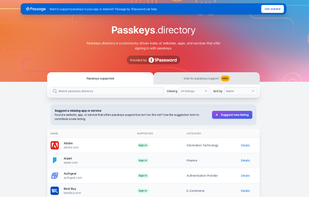 Passkeys.directory screenshot 1