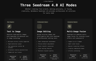 Three creation modes: Text-to-image, precise mask editing, and multi-image fusion for designers, marketers, and indie makers.