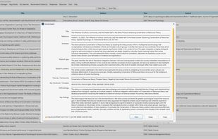 Structured article analysis view displaying summary, research gap, problem statement, theories, constructs, methodology and key findings generated for each journal article.