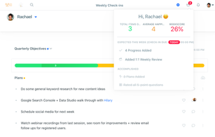 Weekly Check-ins help employees keep track of their most important tasks to drive the OKRs forward.