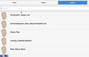 In addition to that the main menu shows four more ways to navigate through your library: by book title, author name, book tag or series name. All sections work in the same way, you either scroll through the listing or search by entering something in the search bar at the top.