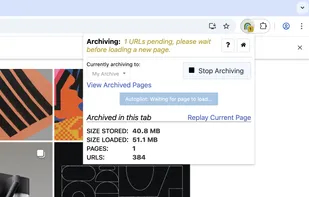 A screenshot of the ArchiveWeb.page browser extension capturing resources on a page. 1 URL is still pending and the user should wait before loading a new page.