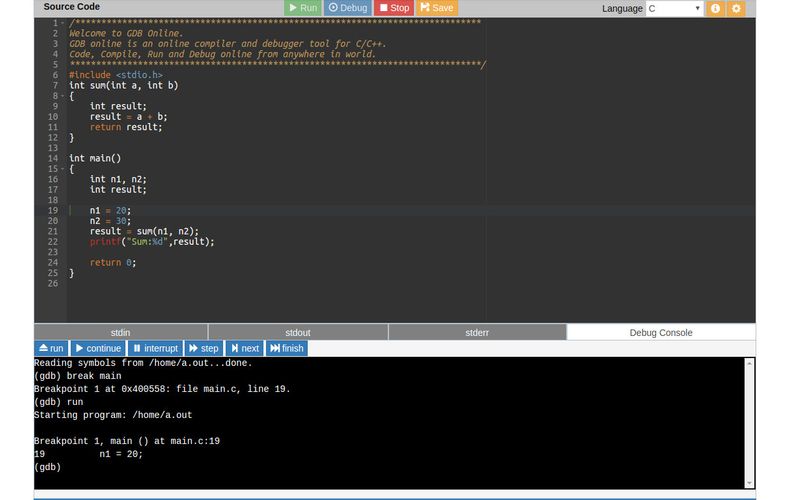 Online GDB web tool - Your Virtual Compiler and Debugger