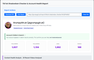 Screenshot showing the Shadowban Checker analysis of my TikTok account