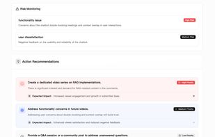 Risk Monitoring generates prioritized, impact-rated action recommendations by analyzing YouTube comments for recurring issues and user dissatisfaction.