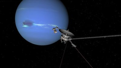 The 1989 flyby of Neptune by Voyager 2--last stop before leaving the solar system.