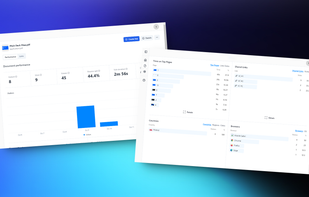 Analytics dashboard showing document performance metrics for a pitch deck PDF. Displays visitor count, views, bounce rate, and visit duration. Includes time on top pages chart and browser usage breakdown. Blue and white interface on gradient blue background.