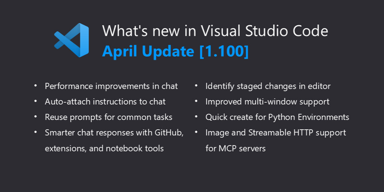 Visual Studio Code 1.100 adds GPT 4.1, reusable prompts, and improved multi-window support image