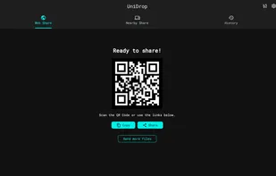 This screen appears after a file has been successfully uploaded via Web Share. The recipient can scan this QR code or use the provided link to download the file.