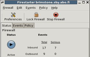 The Firestarter status pageThe Firestarter status interface shows the state of the firewall and the network at a glance.The active connections list shows all the connections tracked by the firewall, including traffic routed through the firewall. It can also tell you which program the connection belongs to.