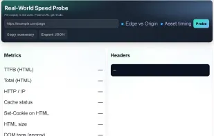 Paste a URL, toggle “Edge vs Origin” and “Asset timing,” then hit Probe to get real TTFB, cache status, and a one-line verdict.
