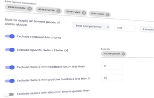 Associate your listing with other products on Amazon and SaleDrum™will track them and adjust your price automatically based on their price changes and the rule that you specify. Focus on the right competitor by filtering out any sellers based on their rating, shipping country, and handling time.