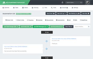 The timeline feature allows you to view records of client emails, SMS messages, telephone calls, meetings and changes to their information all in one place.