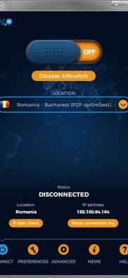 VPN.ac Client Software - Connect tab - Disconnected state with kill switch activated