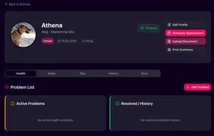 Individual pet/animal profile showing critical information.