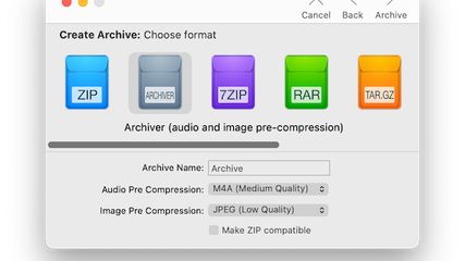Have you ever tried to send an image only to be told that the file is too large? Do your file uploads seem to take forever? Enter Archiver's own compression format, with which you can truly shrink image and audio files.