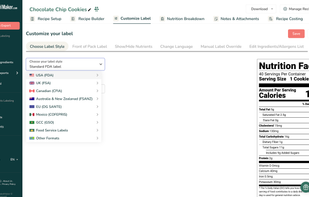 In the Customize Label section, users select their required legal labeling format. The tool supports multiple global standards, including USA (FDA), UK (FSA), Canada (CFIA), EU (DG SANTE), and more, ensuring compliance across different geographical markets.