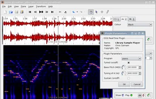 Sonic Visualiser 1.0 showing a waveform pane and a melodic range spectrogram pane.