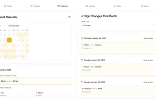 Calendar View: Month snapshots of sign changes, lunations, and notable transits. Jump from a date straight into the body map.