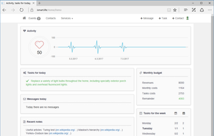 The main application page with widgets: activity, tasks for today, messages today, last notes, budget for the month, tasks for the week.