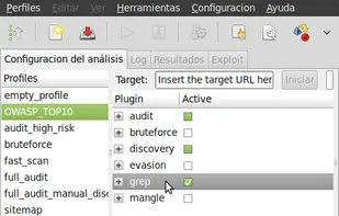 Main screen with OSWASP_TOP10 testing profile selected.