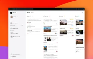 This screenshot shows the Beplan draft board, where creators manage their entire content pipeline. Ideas, works in progress, posts under review, and completed drafts are organized in a simple board layout. Each card shows the post preview, platforms, and status, giving creators a clear view of what is coming next and what is ready to schedule.