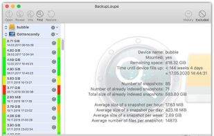 Predict the future
Well, not quite. But based on the information BackupLoupe has collected from your backups it can tell you how much data has been backed up per hour/day/week. And knowing how much space is left on you backup device BackupLoupe can make an educated guess about when your backup device will fill up.

