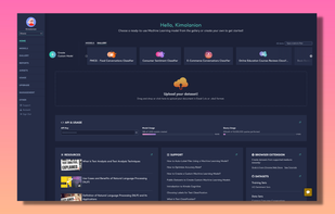 After signing up, Kimola Cognitive's home page full of support articles, resources and pre-built models welcome you.