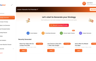 The campaign generator hub lets you start building a strategy in minutes. From here, you can create campaign strategies with one click, access tools like the Email Validator, Subject Line Generator, and Domain Health Checker, and revisit recently generated campaigns to stay organized.