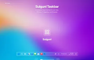Windows 11–style taskbar for macOS with Start menu, search, live previews, system tray, and a modern glass design.