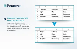 TRANSLATE YOUR ENTIRE
SHEET IN ONE CLICK
Instantly translate your whole
spreadsheet with a single click. Save time and effort by converting all content at once — perfect for full documents or large datasets.