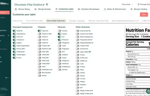 The Show/Hide Nutrients section under Customize Label gives the user granular control over what appears on the final Nutrition Facts panel. Users can easily toggle on or off a wide range of standard components, vitamins, minerals, and other nutrients (like water, caffeine, or specific fatty acids) to meet their label requirements.