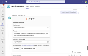 Eliminate repetitive requests with AI-driven conversational self-service, allowing users to resolve common issues on their own. Tikit leverages AI and OpenAI on Azure to provide responses from preset answers, central repositories, or uploaded files.